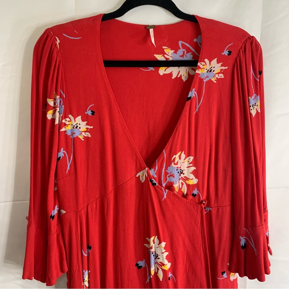 Free People Time On My Side Red Floral Wrap Mini Dress, size M - Picture 4 of 14